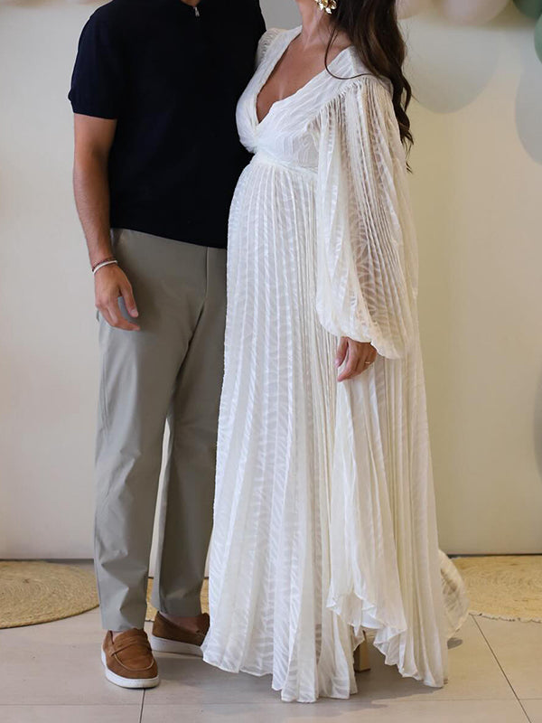 Momsmood Cream White Ruched Backless Big Swing Maternity Maxi Dress