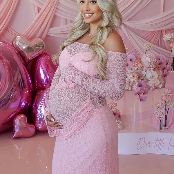 Momsmood Pink Lace Off Shoulder Ruched Bodycon Bodice Sheer Maternity Maxi Dress