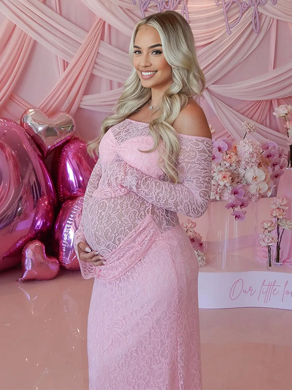 Momsmood Pink Lace Off Shoulder Ruched Bodycon Bodice Sheer Maternity Maxi Dress