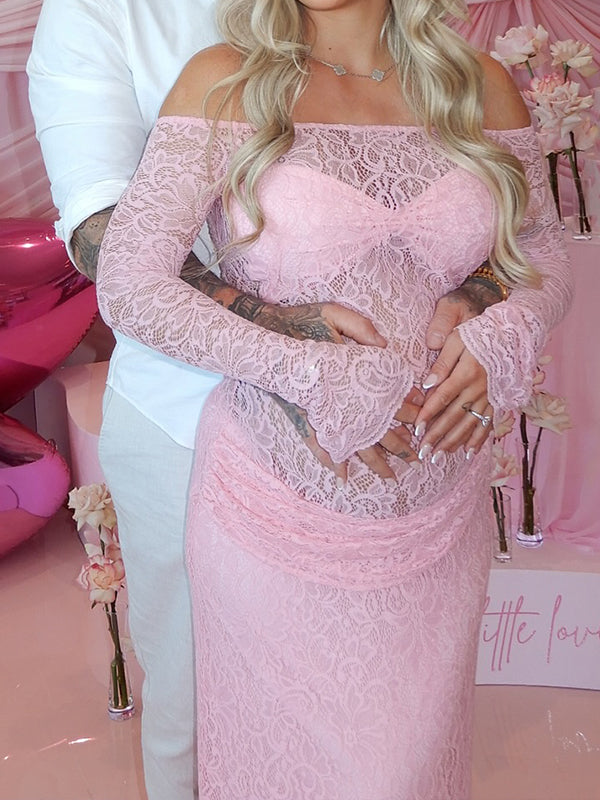 Momsmood Pink Lace Off Shoulder Ruched Bodycon Bodice Sheer Maternity Maxi Dress