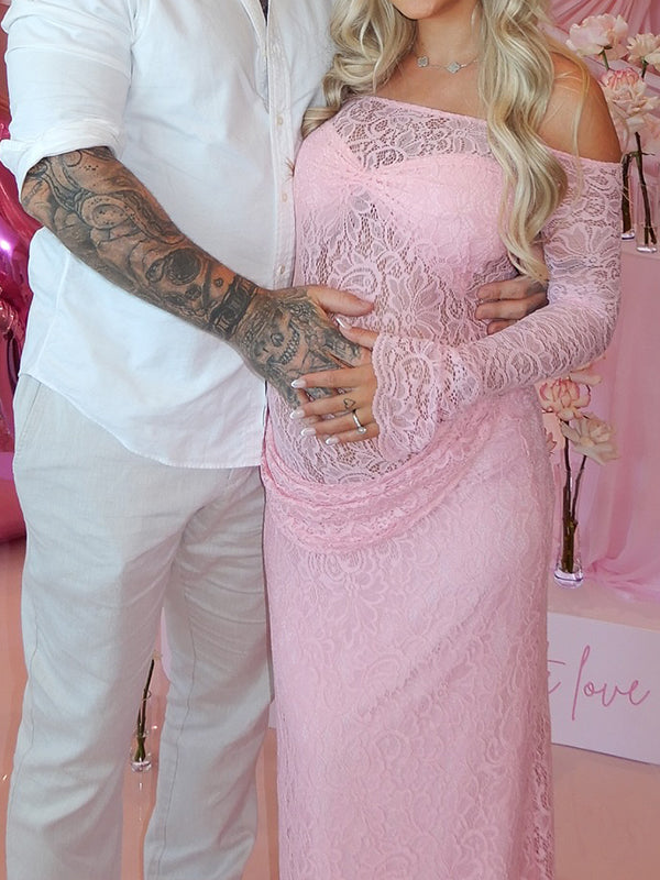 Momsmood Pink Lace Off Shoulder Ruched Bodycon Bodice Sheer Maternity Maxi Dress