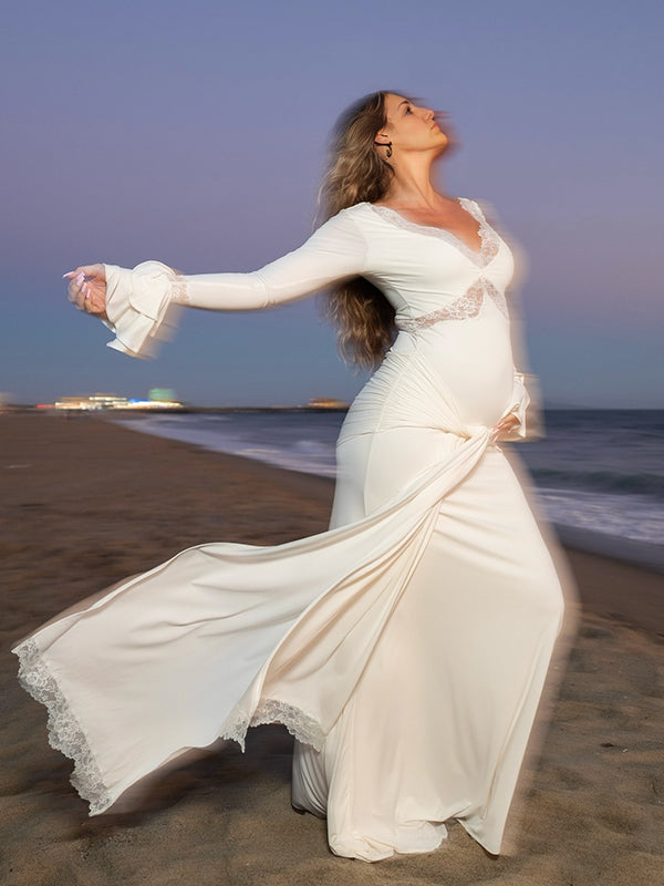 Momsmood White Lace Ruffle Ruched Draped Big Swing Elegant Maternity Maxi Dress