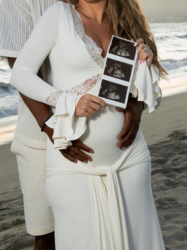 Momsmood White Lace Ruffle Ruched Draped Big Swing Elegant Maternity Maxi Dress