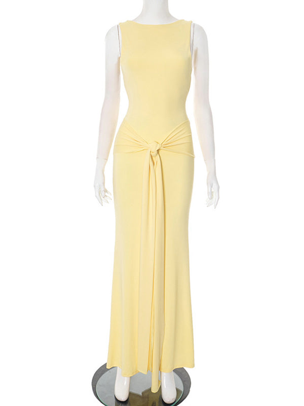 Momsmood Ruched Wrap Knot Backless Maternity Maxi Dress