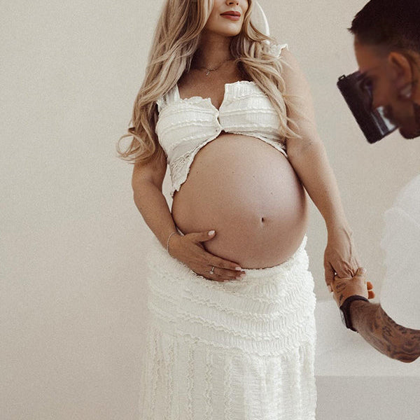 Momsmood White Ruffle Ruched Smocked Buttons Crop Two Piece Set Maternity Maxi Dress