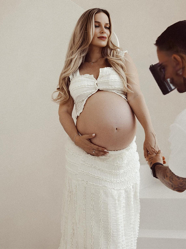 Momsmood White Ruffle Ruched Smocked Buttons Crop Two Piece Set Maternity Maxi Dress