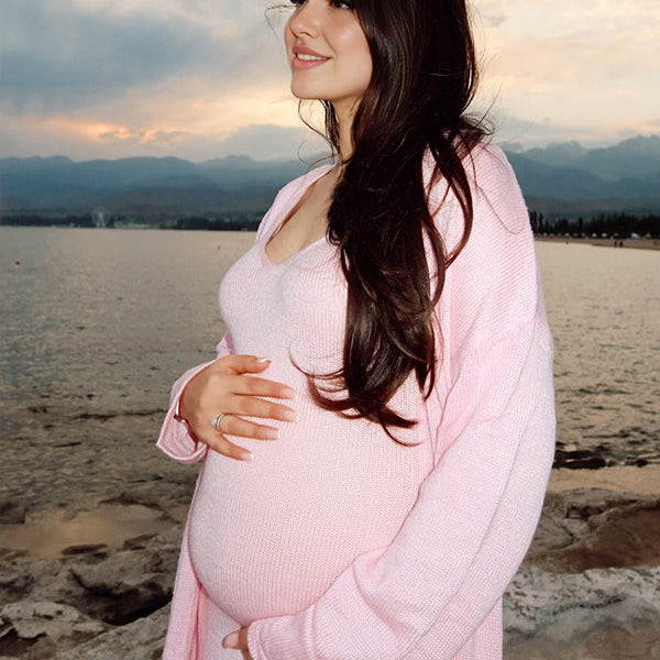 Momsmood Pink Knit Tank Maxi Dress And Long Cardigan Two Piece Set Casual Maternity Knitwear