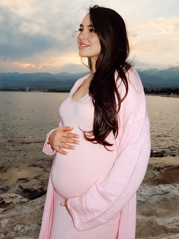Momsmood Pink Knit Tank Maxi Dress And Long Cardigan Two Piece Set Casual Maternity Knitwear