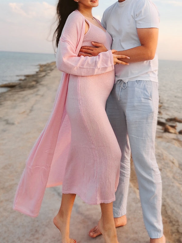 Momsmood Pink Knit Tank Maxi Dress And Long Cardigan Two Piece Set Casual Maternity Knitwear
