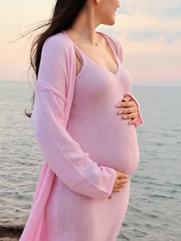 Momsmood Pink Knit Tank Maxi Dress And Long Cardigan Two Piece Set Casual Maternity Knitwear