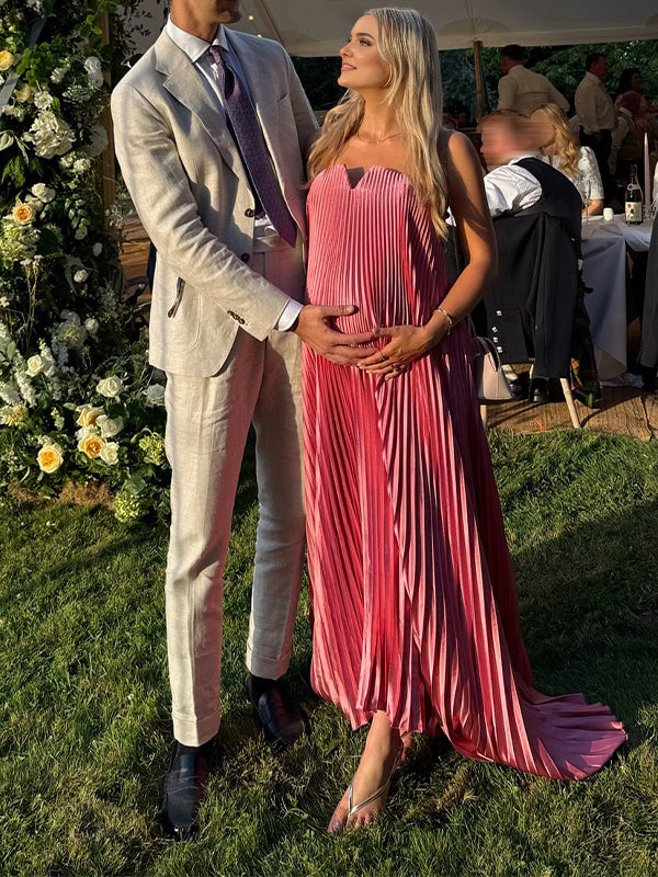 Berry Pink Pleated Flowy Bandeau Maternity Maxi Dress