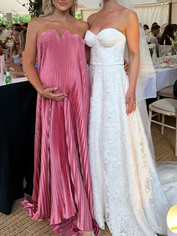 Berry Pink Pleated Flowy Bandeau Maternity Maxi Dress
