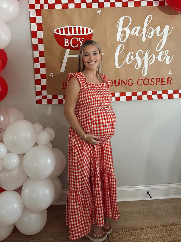 Momsmood Red Plaid Smocked Ruffle Baby Shower Maternity Maxi Dress