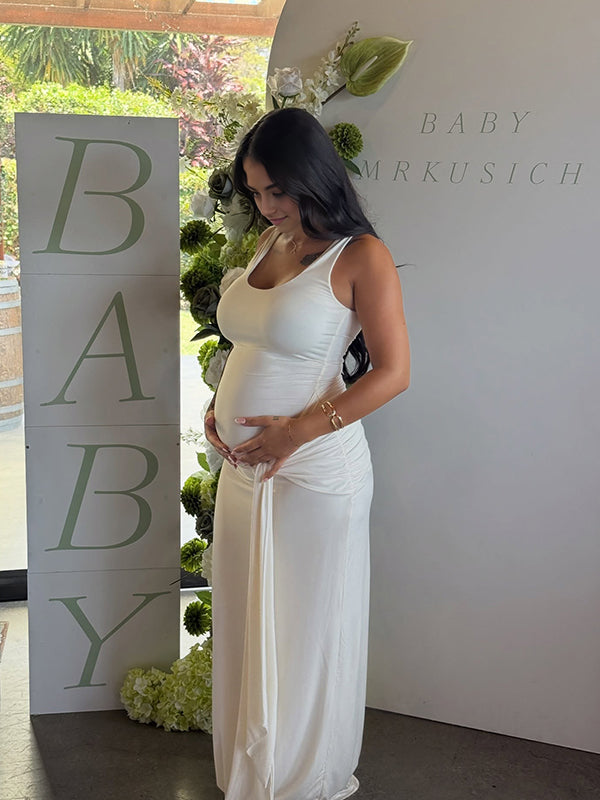 Momsmood White Halter Neck Open Back Lace-up Maternity Baby Shower Maxi Dress