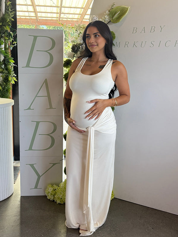 Momsmood White Halter Neck Open Back Lace-up Maternity Baby Shower Maxi Dress
