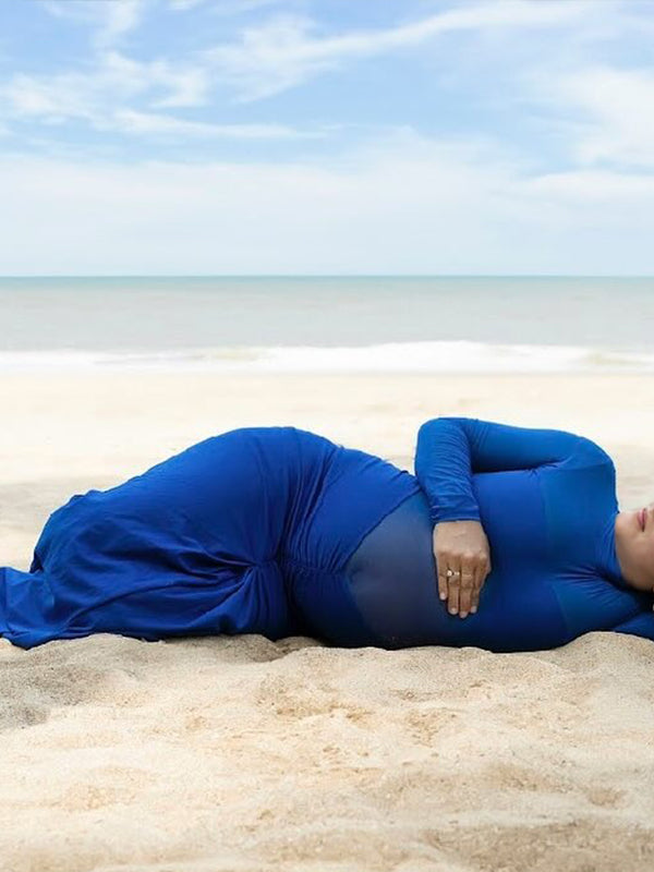 Momsmood Blue Grenadine Ruched Bodycon Banquet Ceremony Baby Shower Maternity Photoshoot Maxi Dress