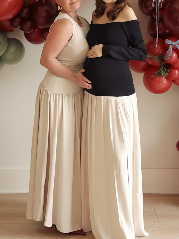 Momsmood Black Off Shoulder Slit Draped Hem Bodycon Banquet Ceremony Baby Shower Maternity Photoshoot Maxi Dress