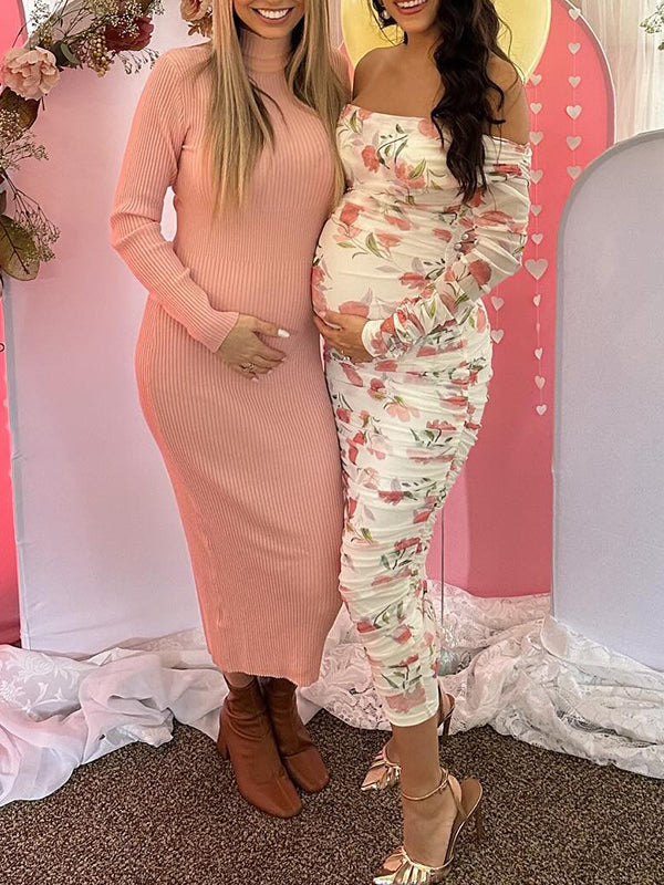 Momsmood White Off-Shoulder Stamp Duty Side Slit  Single Sleeve Ruched Banquet Ceremony Baby Shower Maternity Photoshoot Midi Dress