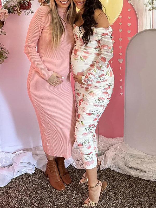 Momsmood White Off-Shoulder Stamp Duty Side Slit  Single Sleeve Ruched Banquet Ceremony Baby Shower Maternity Photoshoot Midi Dress