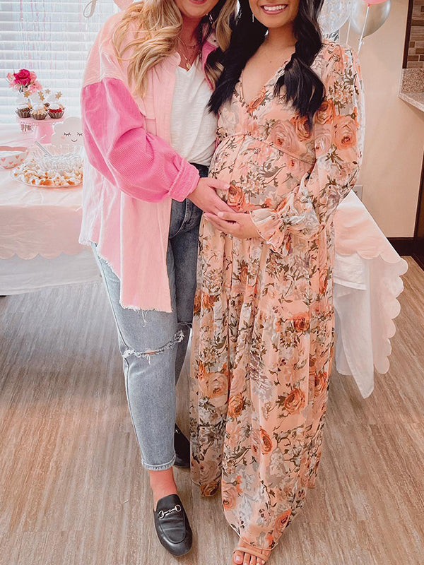 Momsmood V neck Crushed Flower Vacation Beach Baby Shower Maternity Photoshoot Maxi Dress