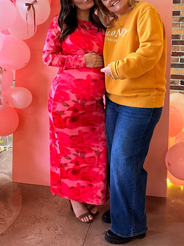 Momsmood  Pink Stamp Duty Side Slit Bodycon Banquet Going out Baby Shower Maternity Photoshoot Maxi Dress