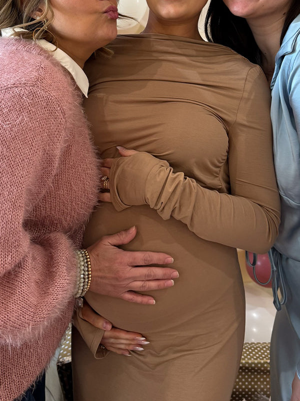 Momsmood Khaki Round Neck Ruched Bodycon Daily Going out Baby Shower Maternity Photoshoot Maxi Dress