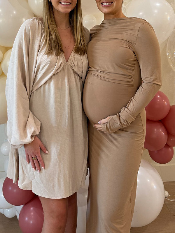 Momsmood Khaki Round Neck Ruched Bodycon Daily Going out Baby Shower Maternity Photoshoot Maxi Dress