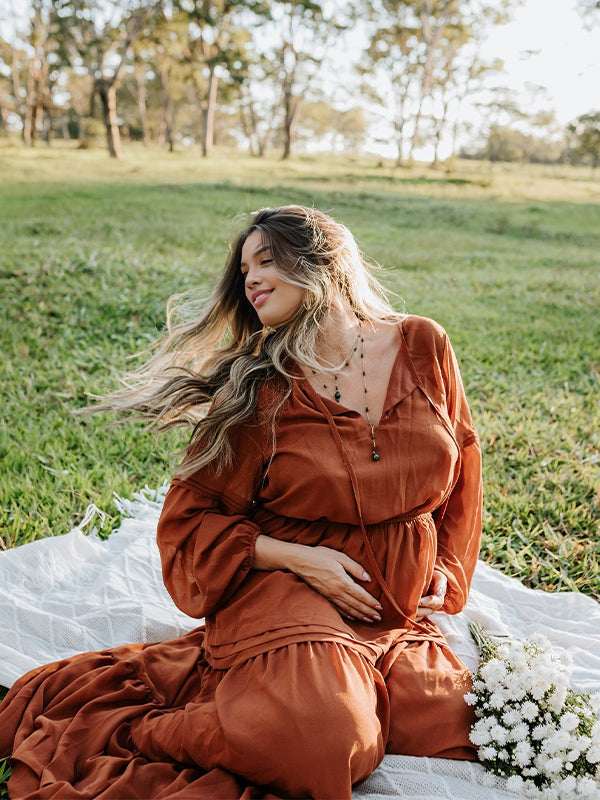 Amber Color V Neck Lace-up Maternity Photoshoot Maxi Dress