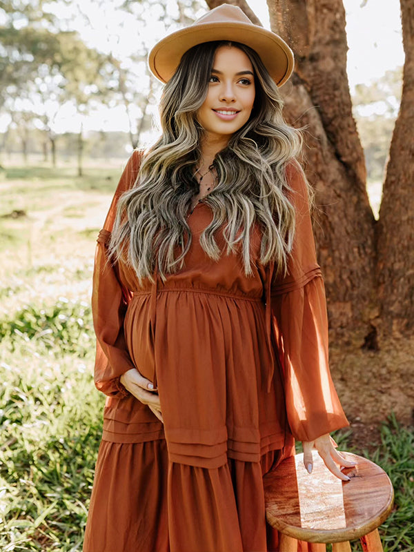 Amber Color V Neck Lace-up Maternity Photoshoot Maxi Dress