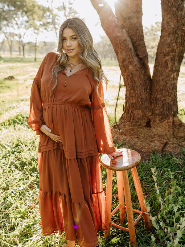 Amber Color V Neck Lace-up Maternity Photoshoot Maxi Dress