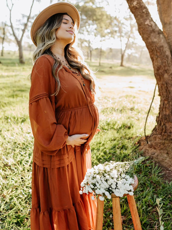 Amber Color V Neck Lace-up Maternity Photoshoot Maxi Dress