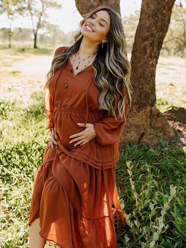 Amber Color V Neck Lace-up Maternity Photoshoot Maxi Dress