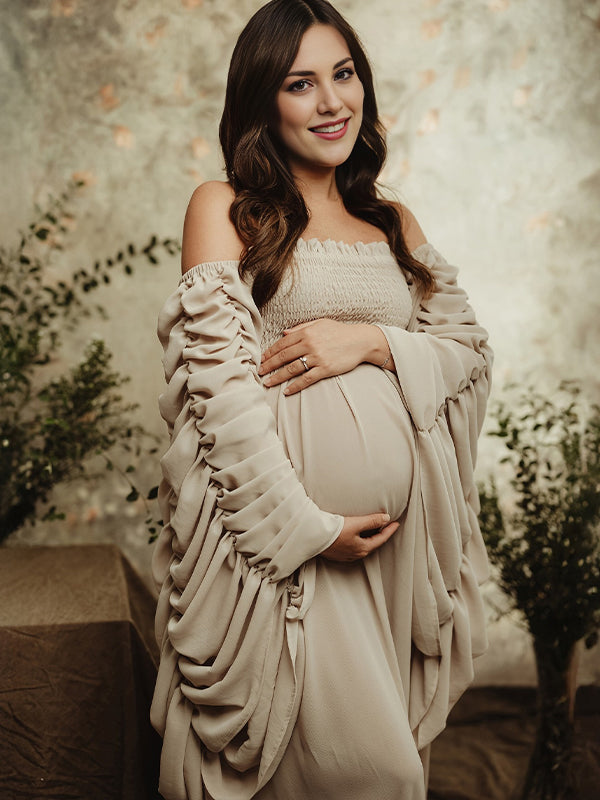 Apricot Smoked Off Shoulder Maternity Photoshoot Maxi Dress