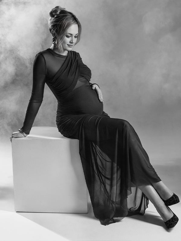 Momsmood Coffee Cross Chest Ruched Grenadine Maternity Photoshoot Maxi Dress