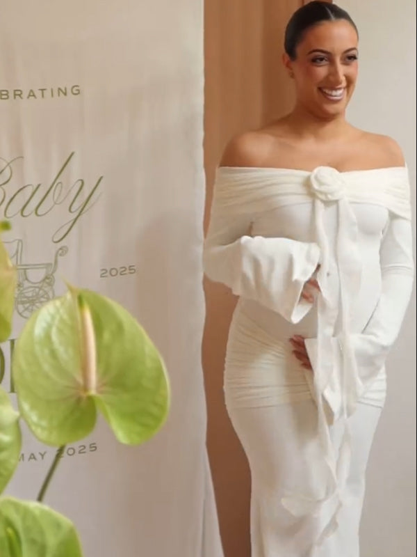 White Off Shoulder 3D Flower Maternity Baby Shower Maxi Dress