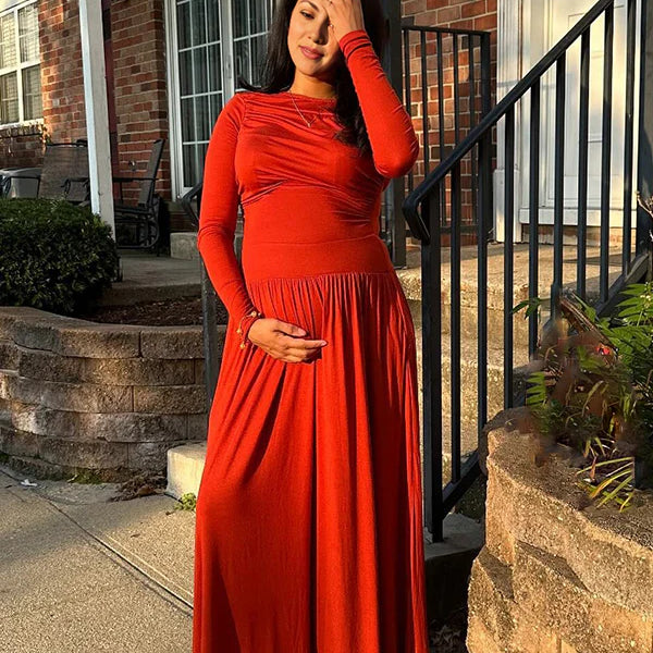 Momsmood Red Round Neck Pocket Ruched Maternity Photoshoot Maxi Dress