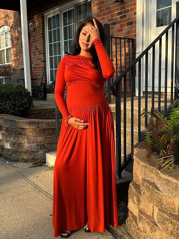 Momsmood Red Round Neck Pocket Ruched Maternity Photoshoot Maxi Dress