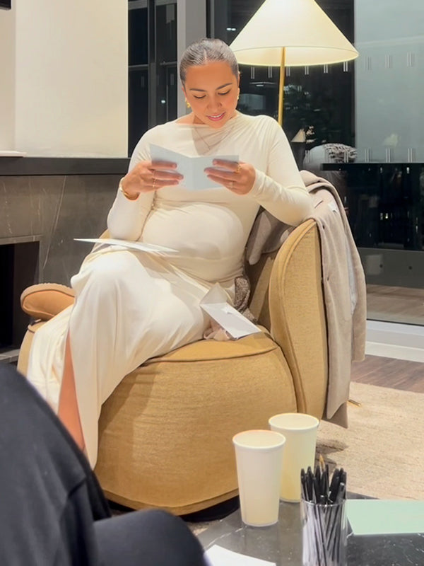 Momsmood White Ruched Ruffle Draped Side Slit Tie Back Maternity Maxi Dress