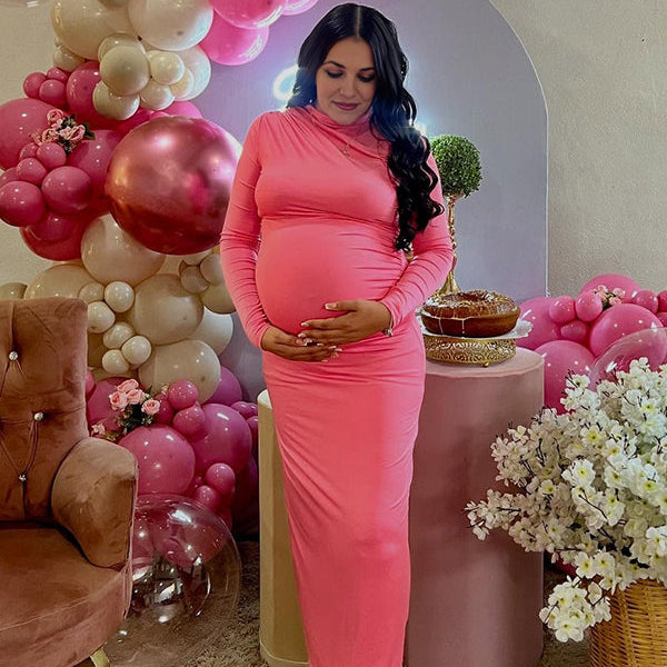 Momsmood Rose Carmine Round Neck Bodycon Ruched Maternity Baby Shower Maxi Dress