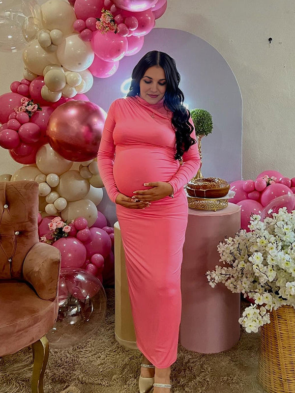 Momsmood Rose Carmine Round Neck Bodycon Ruched Maternity Baby Shower Maxi Dress