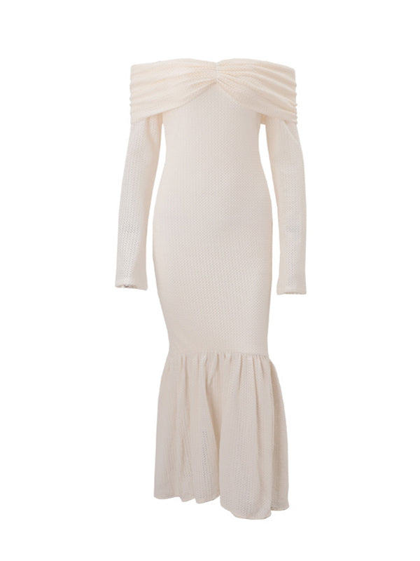 Momsmood Christmas Beige Crochet Lace Off Shoulder Ruffle Mermaid Maternity Maxi Dress