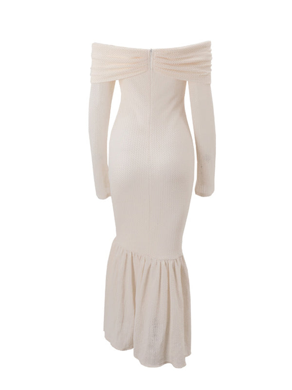 Momsmood Christmas Beige Crochet Lace Off Shoulder Ruffle Mermaid Maternity Maxi Dress