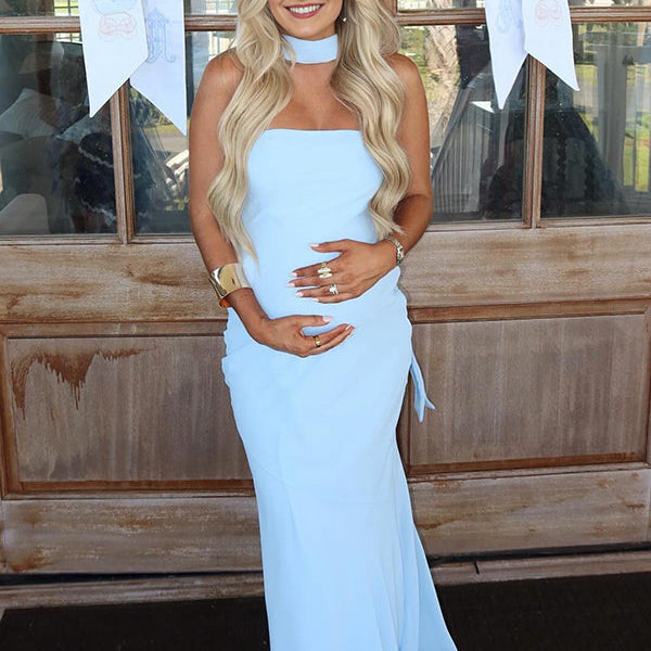 Blue Mesh Ruched Strapless Bodycon Maternity Maxi Dress With Scarf