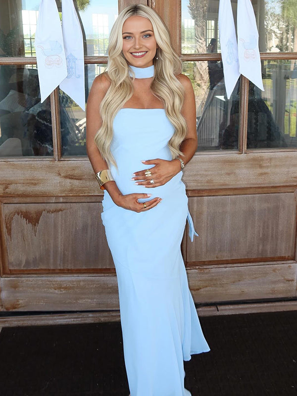 Blue Mesh Ruched Strapless Bodycon Maternity Maxi Dress With Scarf