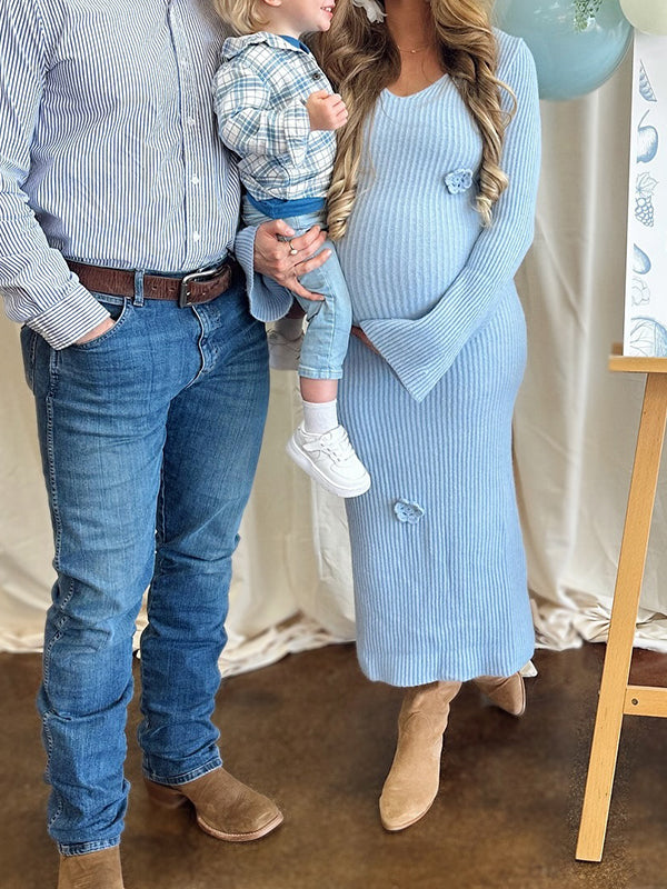 Momsmood Knit 3D Flowers V-neck Flare Sleeve Bodycon Maternity Maxi Dress