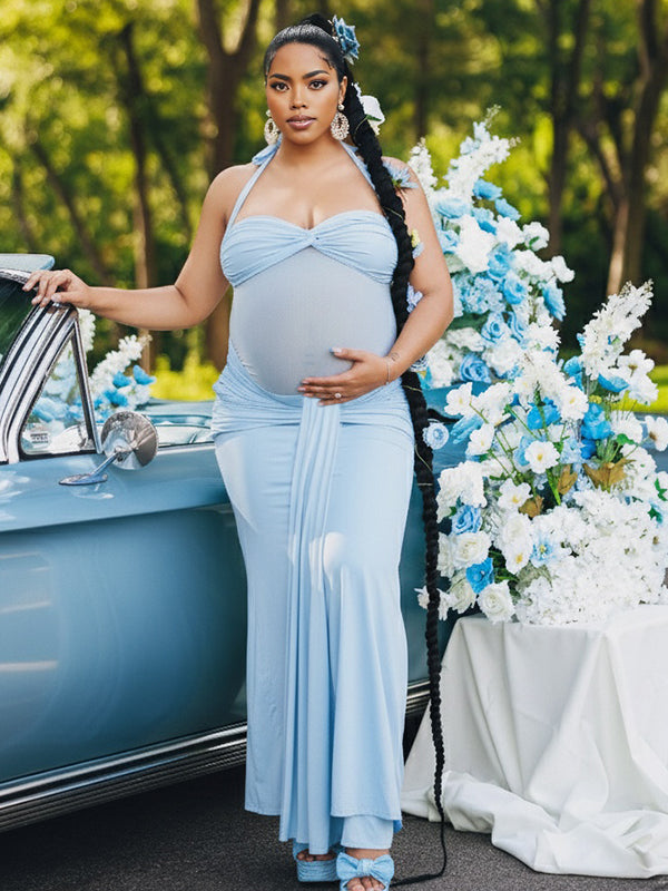 Momsmood Ruched Mesh Draped Halter Neck Backless Maternity Maxi Dress