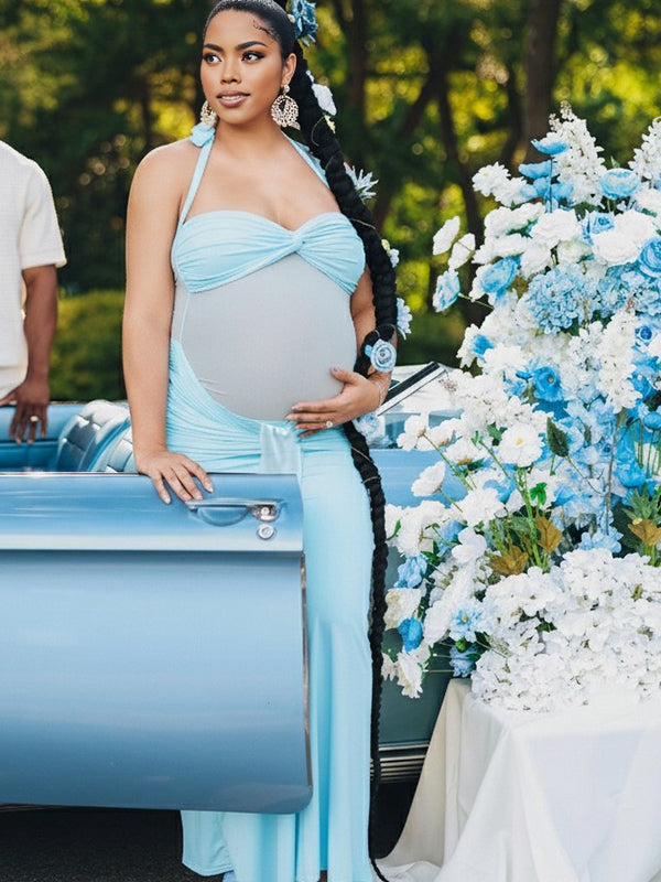 Momsmood Ruched Mesh Draped Halter Neck Backless Maternity Maxi Dress
