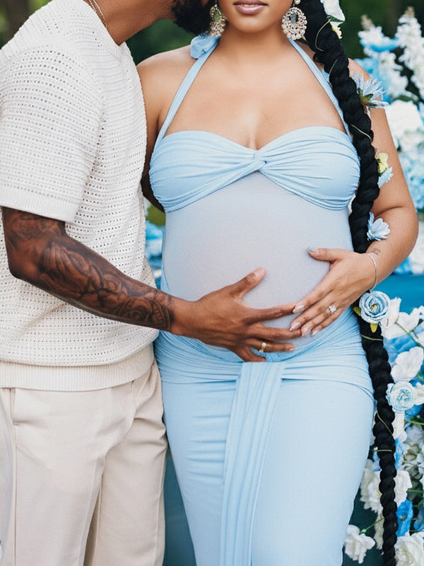Momsmood Ruched Mesh Draped Halter Neck Backless Maternity Maxi Dress