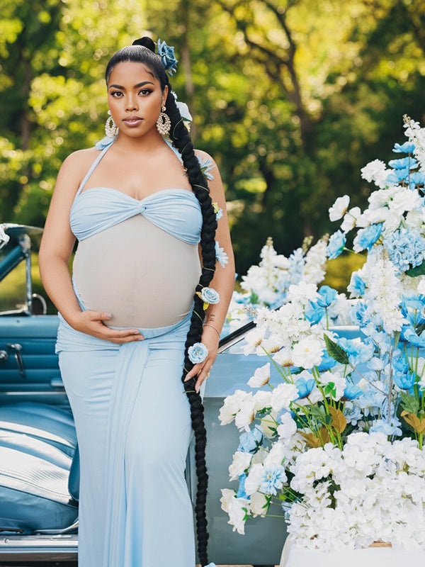 Momsmood Ruched Mesh Draped Halter Neck Backless Maternity Maxi Dress