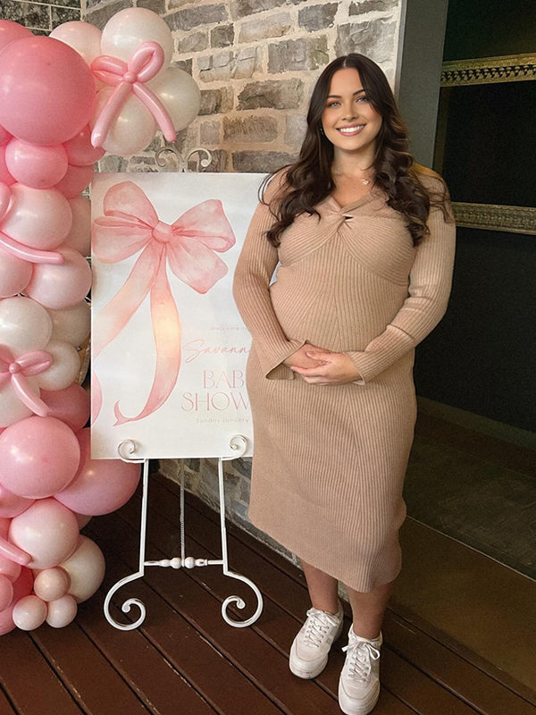 Momsmood Khaki Knot Crochet Maternity Sweater Baby Shower Maxi Dress